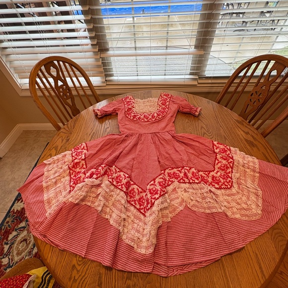 Vintage Dresses & Skirts - Vintage Nita Smith Red Gingham Embroidered Square Dance Dress Ruffles Lace S